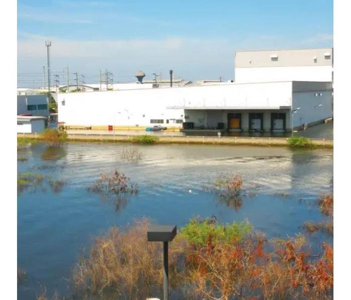 flooding in front of a white commercial building